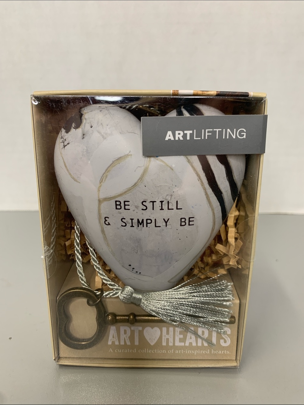 Demdaco "BE STILL & SIMPLY BE" White Heart Ornament with Silver Tassel Key